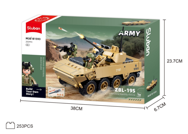 413377 99 08 <p>Bouw het indrukwekkende ZBL-19S infanteriegevechtsvoertuig op schaal 1:44 met de Sluban Army bouwset. Deze set bevat 253 hoogwaardige bouwstenen en is compatibel met andere populaire bouwsteenmerken, waardoor je eindeloze combinatiemogelijkheden hebt. Perfect voor zowel verzamelaars als jonge bouwers vanaf 6 jaar, en een aanwinst voor elke militaire modelcollectie. Met afmetingen van 38 x 23,7 x 6,7 cm is dit een geweldig project voor liefhebbers van militaire voertuigen.</p>