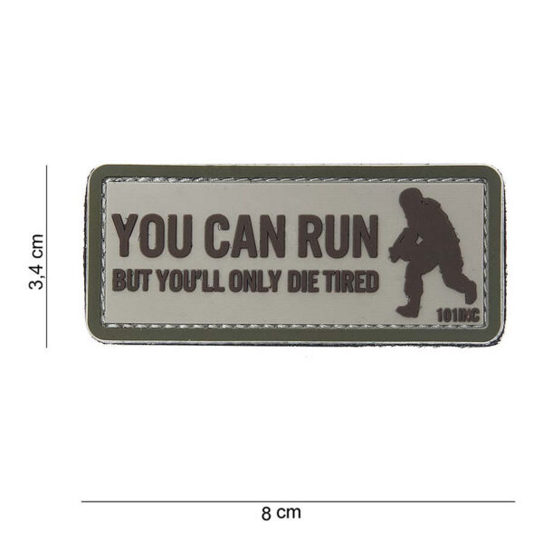 444100 3815 99 01 <p>Het 3D PVC embleem 'You can run' in beige (#10065) is een opvallende toevoeging aan uw uitrusting. Dit duurzame embleem is vervaardigd van hoogwaardig PVC en beschikt over een handige klittenband aan de achterzijde, waardoor het eenvoudig te bevestigen is op kleding of gear. Perfect voor militaire en outdoor liefhebbers die hun stijl willen benadrukken. Maak uw outfit compleet met dit unieke embleem dat zowel functionaliteit als flair biedt.</p>
