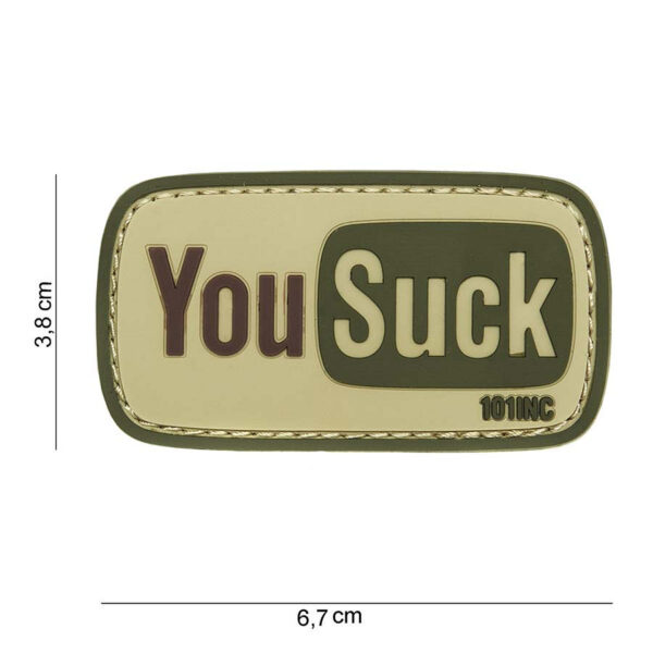 444100 3941 99 444100 3941 99 01 <p>Het Embleem 3D PVC You Suck in groen (#14069) is een opvallende toevoeging aan je militaire of outdoor uitrusting. Dit duurzame PVC-embleem is voorzien van klittenband aan de achterzijde, waardoor het eenvoudig te bevestigen is op kleding, tassen of andere uitrusting. Met zijn unieke ontwerp en stevige constructie is dit embleem niet alleen praktisch, maar ook een leuke manier om je persoonlijkheid uit te drukken.</p>