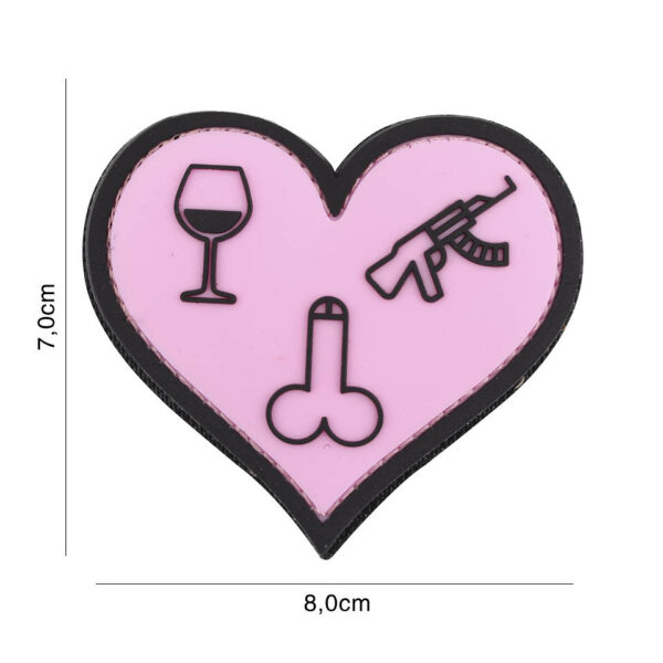 444130 7269 99 01 <p>Voeg een unieke touch toe aan je uitrusting met het 3D PVC embleem 'Love, wine, dicks and guns' in opvallend roze. Dit embleem is perfect voor de echte liefhebber van militaire en outdoor gear. Met een praktische klittenband aan de achterzijde is het eenvoudig te bevestigen op jassen, rugzakken of andere uitrusting. Maak een statement met dit speelse embleem dat zeker de aandacht trekt!</p>