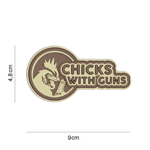 444130 7429 99 01 <p>Het 3D PVC Embleem 'Chicks with guns' in de kleur coyote (#8095) is een stoer en opvallend accessoire voor elke militaire of outdoor uitrusting. Dit embleem is vervaardigd van duurzaam PVC en beschikt over een klittenband aan de achterzijde, waardoor het eenvoudig aan kleding of uitrusting bevestigd kan worden. Geef je outfit een unieke uitstraling met dit originele embleem dat perfect is voor fans van de militaire stijl.</p>