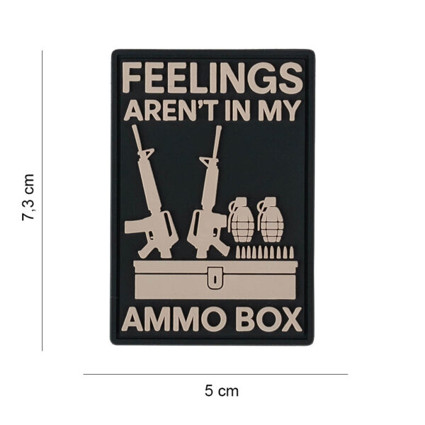 444190 7624 99 01 <p>Ontdek het unieke Embleem 3D PVC 'Feelings aren't in my ammo box' (#3090), een stoer accessoire voor elke outdoor- of militaire liefhebber. Dit embleem is vervaardigd van duurzaam PVC en beschikt over een praktische klittenband aan de achterzijde, zodat je het eenvoudig kunt bevestigen op bijvoorbeeld kleding of tassen. Geef je uitrusting een persoonlijke touch en laat zien dat je klaar bent voor avontuur!</p>