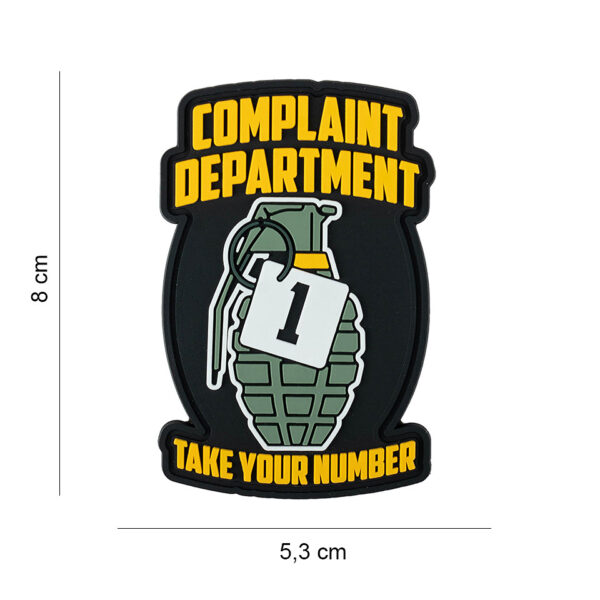444190 7638 99 01 <p>Voeg een vleugje humor toe aan je uitrusting met het 3D PVC Embleem 'Complaint Department' #7078. Dit unieke embleem is voorzien van een stevige klittenband aan de achterzijde, waardoor je het eenvoudig kunt bevestigen op jassen, tassen of andere gear. Perfect voor outdoor avonturen of als grappige toevoeging aan je militaire uitrusting. Een must-have voor wie van een beetje flair houdt in zijn of haar outfit!</p>
